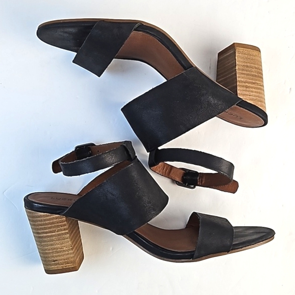 Lucky Brand Jodalee Black Leather Ankle Strap Wooden Stacked Block Heel Sandal - Picture 11 of 16
